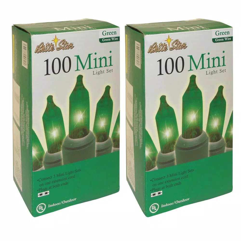 Brite Star 2-Pack Green Mini Christmas Lights, 100-Count Incandescent Lights with Green Wire