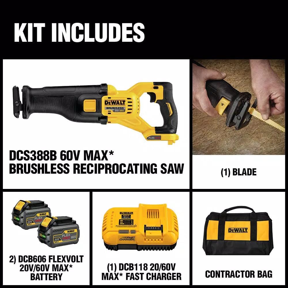 DEWALT DCS388T2 FLEXVOLT 60V MAX Cordless Brushless Reciprocating Saw Kit with (2) 6.0Ah Batteries & Charger