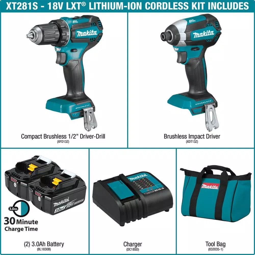 Makita 18V LXT Brushless Cordless 2-Piece Combo Kit with 3.0Ah Batteries, Drill/Driver and Impact Driver