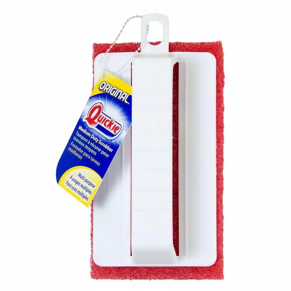 Quickie Medium-Duty Scouring Pad Scrub Brush with Curved Grip Handle