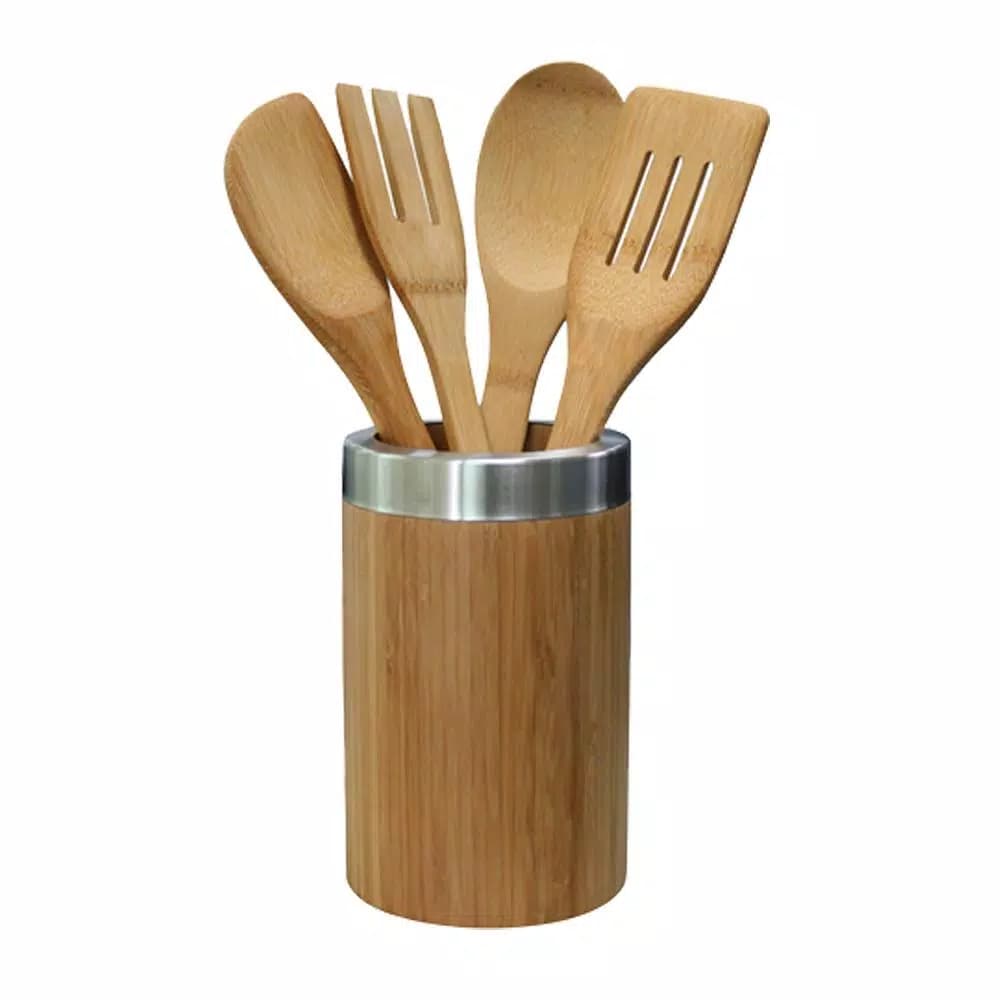 Home Basics 5-Piece Bamboo Kitchen Utensil Set with Vertical Standing Holder