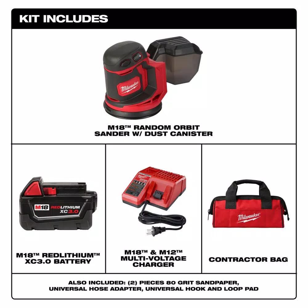 Milwaukee M18 18V Lithium-Ion 5 in. Cordless Random Orbit Sander Kit with 3.0Ah Battery, Charger and Bag