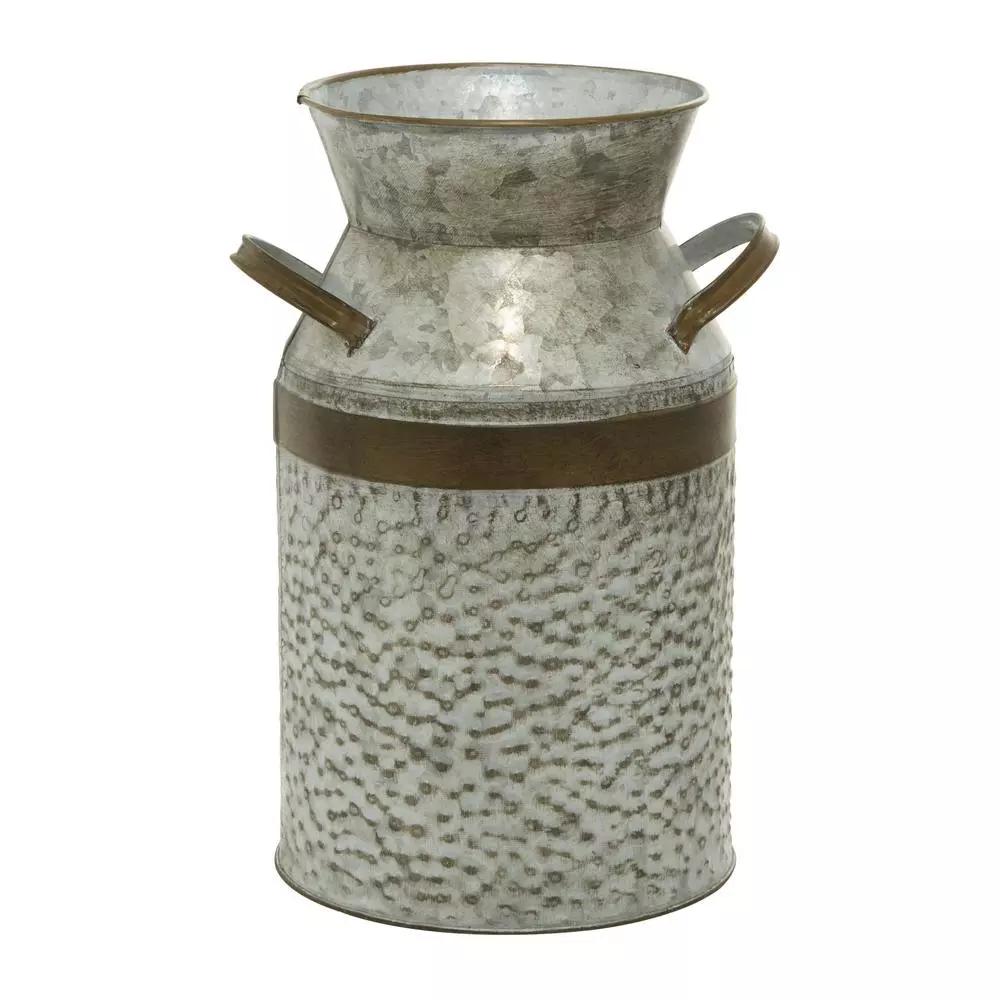 LITTON LANE 12 in. Farmhouse Rustic Galvanized Iron Milk Can with Hammered Finish