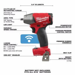 Milwaukee M18 FUEL ONE-KEY 3/8 in. Compact Impact Wrench with Friction Ring (Tool-Only) thumbnail 3