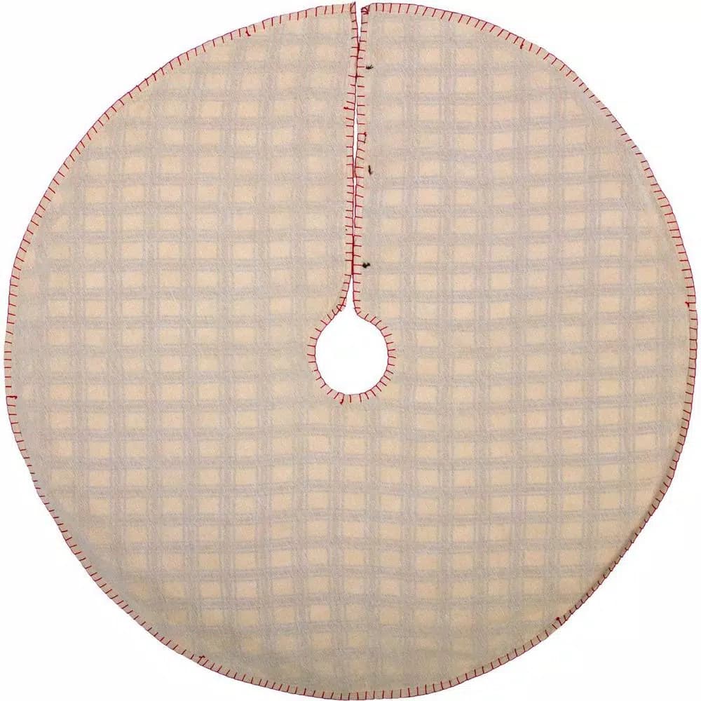 VHC Brands 48 in. Amory Ivory White and Brick Red Plaid Farmhouse Christmas Tree Skirt