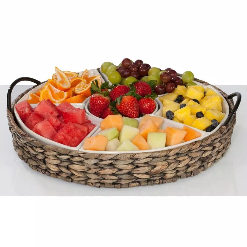 Unbranded CreativeWare Island Breeze 6-Compartment Ceramic Stoneware Server with Water Hyacinth Basket