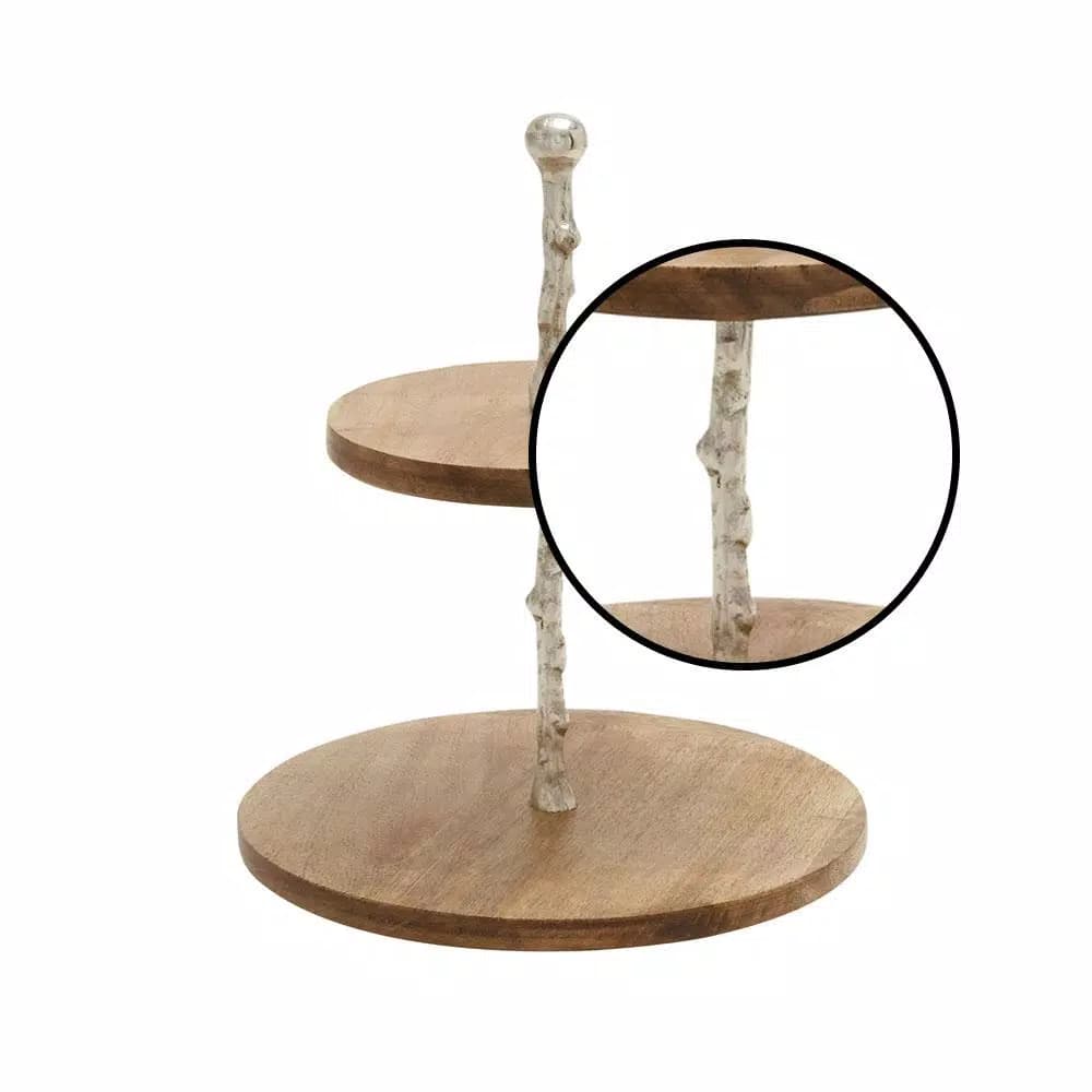 LITTON LANE 2-Tiered Round Mango Wood and Aluminum Tray Stand, Oak Finish