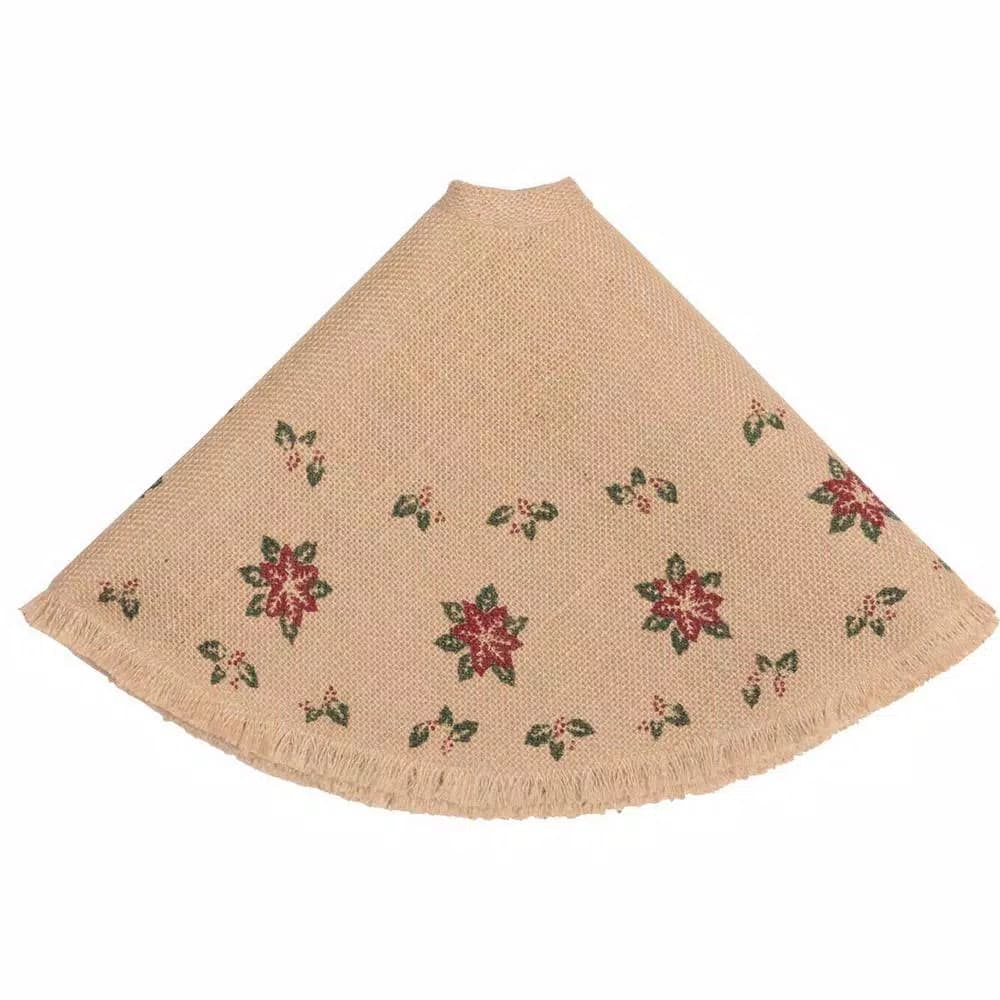 VHC Brands 21 in. Jute Burlap Poinsettia Tree Skirt - Natural Tan Holiday Decor