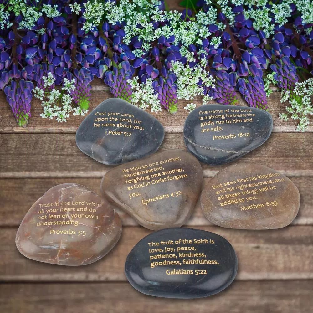 Stonebriar Collection Set of 6 Polished Scripture Rocks with Gold Embossed Lettering