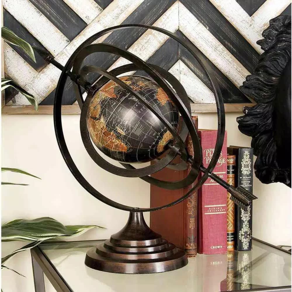 LITTON LANE Modern Black Armillary Sphere Globe with Spear Finials and Sepia Map