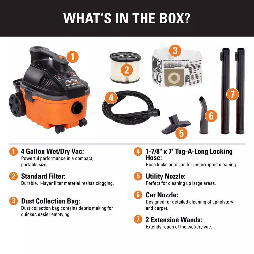 RIDGID 4 Gal. 5.0 Peak HP Portable Wet/Dry Shop Vacuum with 7 ft. Hose and Accessories