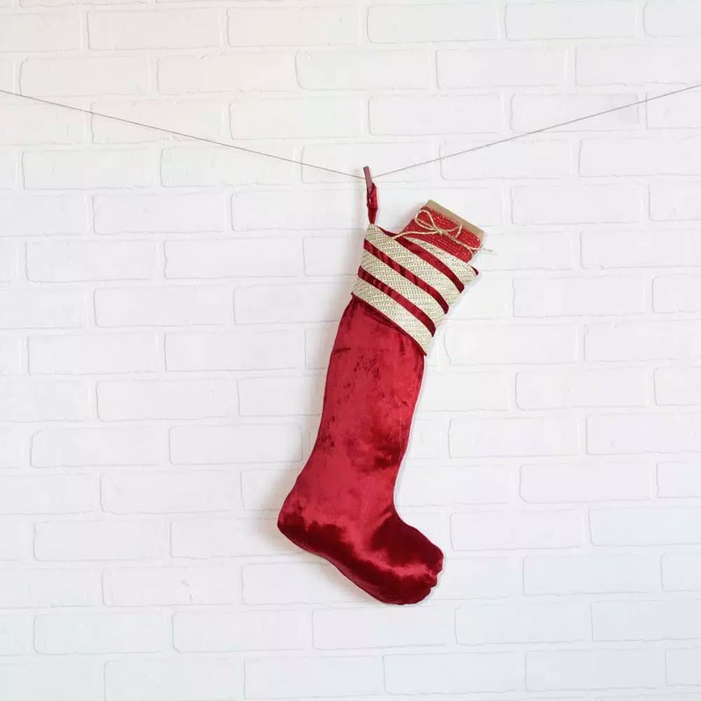 VHC Brands 20 in. Red Memories Glam Christmas Stocking with Gold Ribbon Embellishments