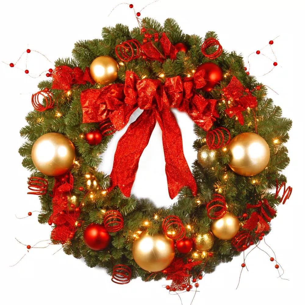 National Tree Company Cozy Christmas 36 in. Artificial Wreath with Red and Gold Ornaments and 100 Clear Lights