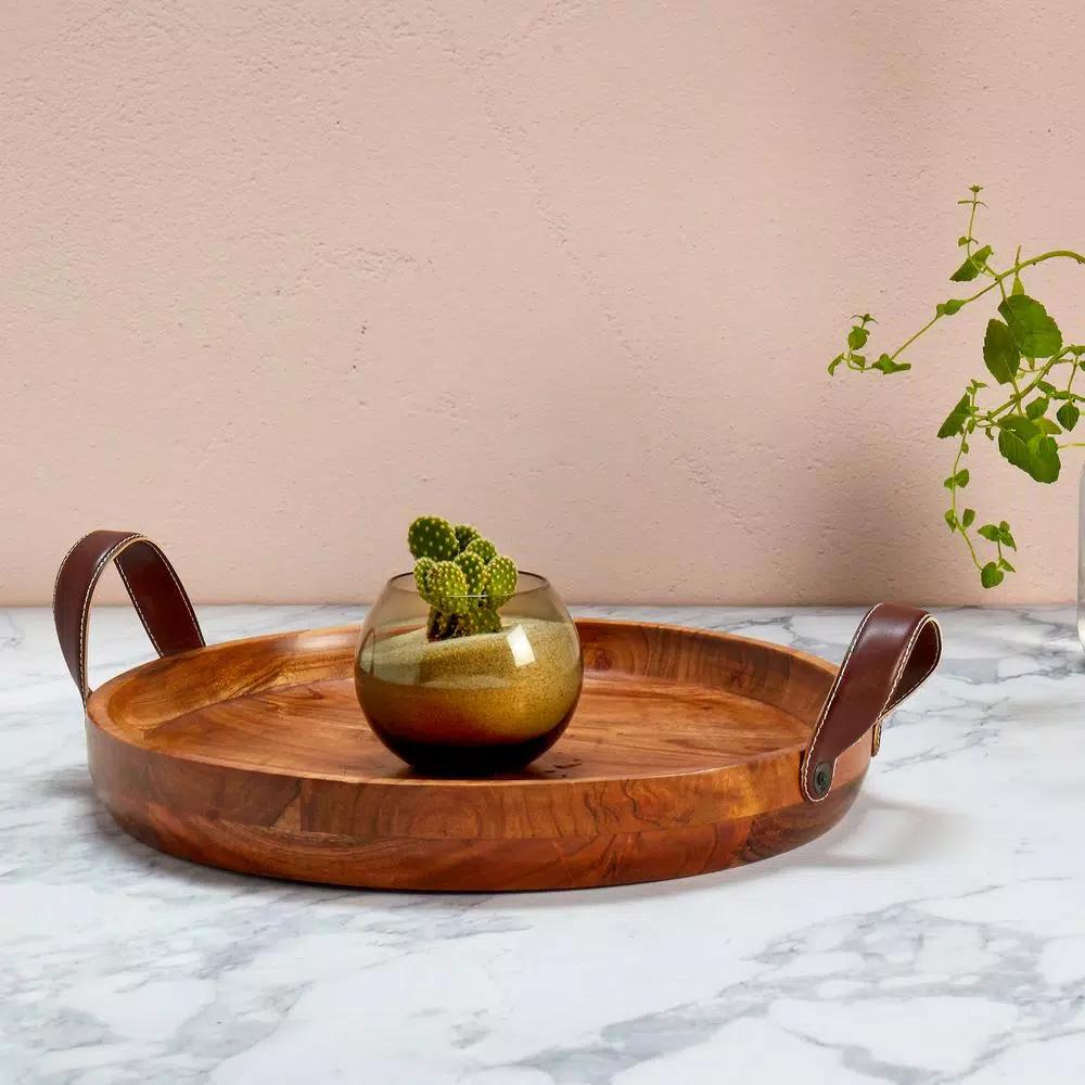 Mason Craft & More 19 in. Round Acacia Wood Serving Tray with Faux Leather Handles