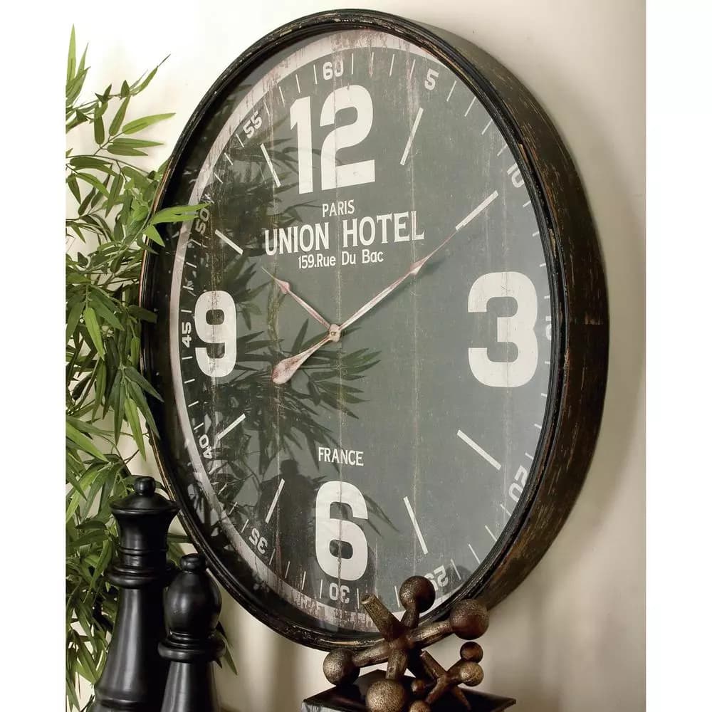 LITTON LANE 35 in. Vintage Round Wall Clock - Distressed Black Metal Industrial Design