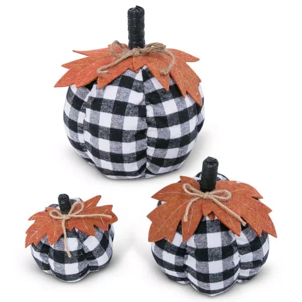 Gerson Black and White Plaid Fabric Pumpkin Set of 3 - Farmhouse Harvest Decor