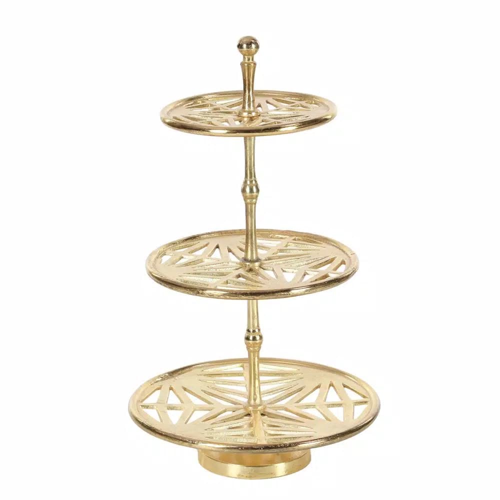 LITTON LANE Modern Reflections 3-Tier Gold Aluminum Tray Stand with Geometric Cut-Outs, 12 x 21 in.
