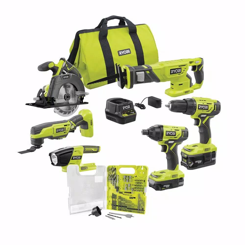 RYOBI 18V ONE+ Cordless 6-Tool Combo Kit with (2) Batteries, Charger, Bag & 60-Piece Drill/Drive Bonus Kit