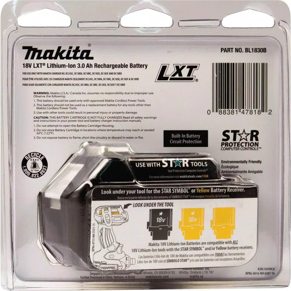 Makita 18V LXT Lithium-Ion 3.0Ah High Capacity Battery Pack with Fuel Gauge (BL1830B)