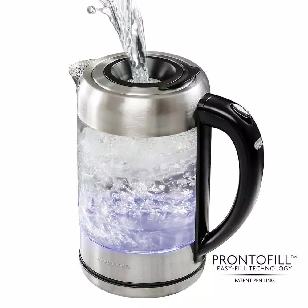 Ovente KG612S 1.7L Glass Electric Kettle, 1500W Silver Stainless Steel with Blue LED Light