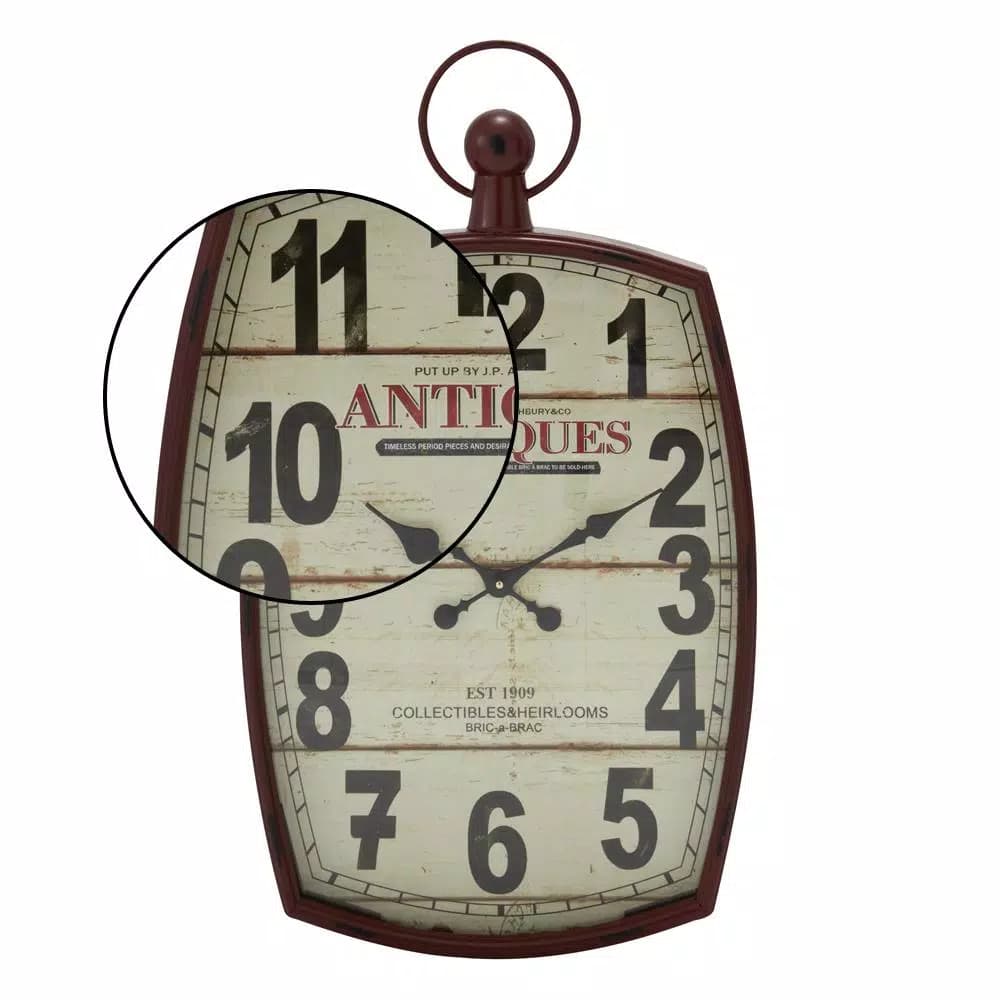 LITTON LANE 33 in. x 19 in. Antique Reproduction Style Wall Clock - Rustic Distressed Red & White