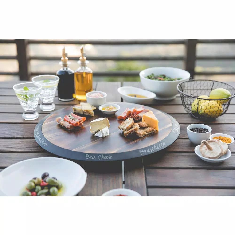 Picnic Time Acacia Wood Lazy Susan Rotating Serving Tray with 1" Chalkboard Rim