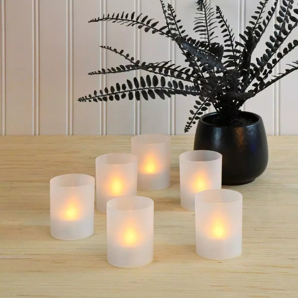 LUMABASE Flameless Votive LED Candles with Amber Frosted Plastic Holders, 6 Count