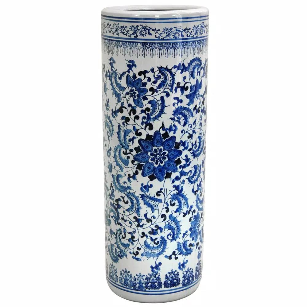 Oriental Furniture 23.5 in. Porcelain Blue and White Decorative Umbrella Stand Vase