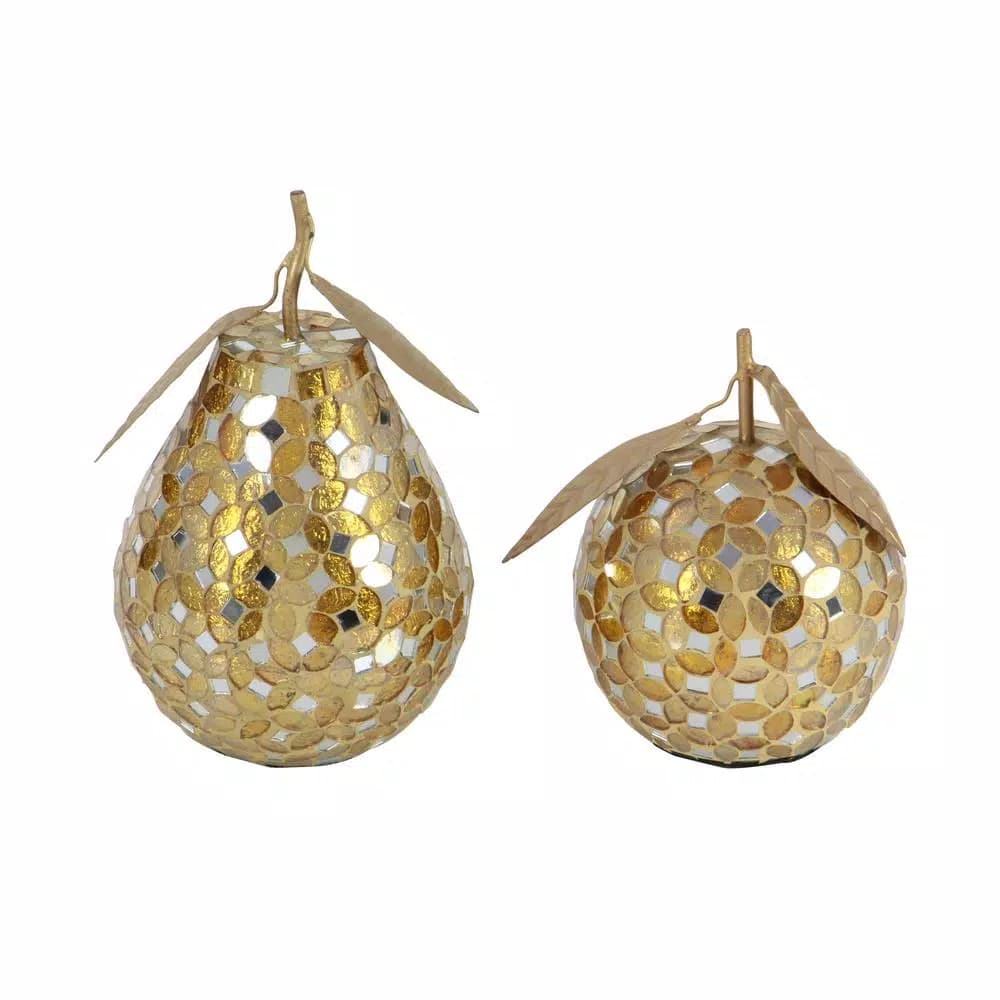 LITTON LANE Modern Reflections Gold and Silver Glass Mosaic Apple and Pear Decor Set of 2