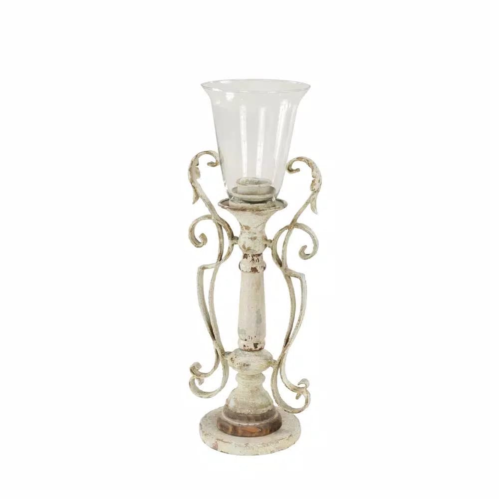 LITTON LANE Distressed White Wood, Glass and Metal Hurricane Candle Holder