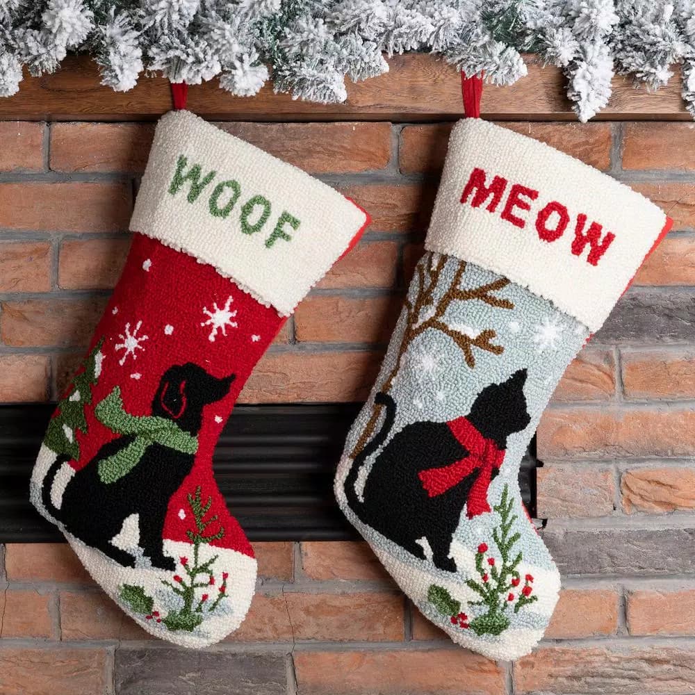 Glitzhome 21 in. Hooked Cat and Dog Christmas Stockings, 2-Pack