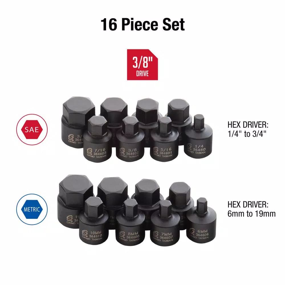 SUNEX TOOLS Sunex 3646 3/8 in. Drive Stubby Impact Hex Driver Set, SAE & Metric, 16-Piece
