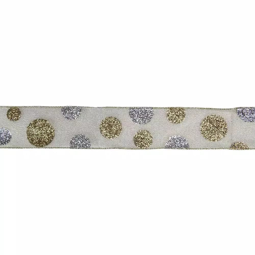 Northlight Gold and Silver Glitter Polka Dot Metallic Wired Ribbon, 2.5 in. x 16 yds.