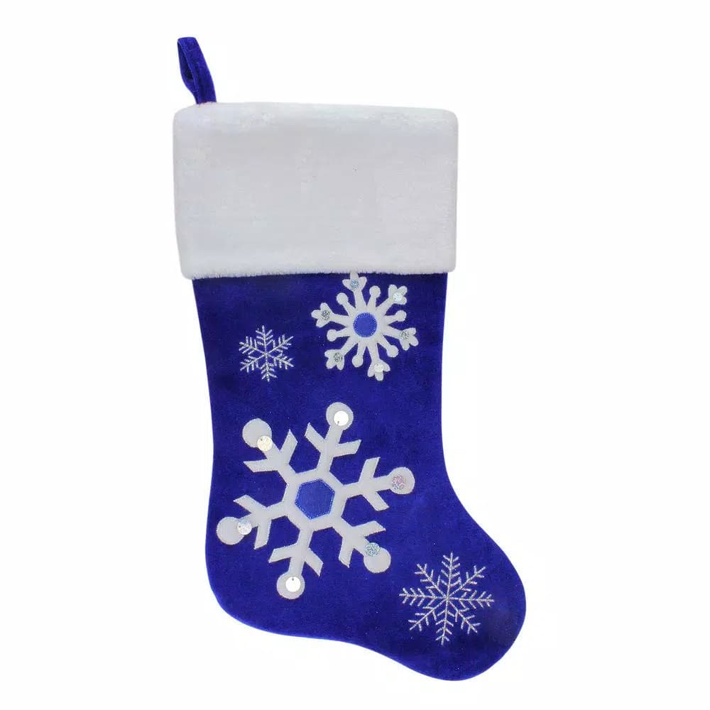 Northlight 22.25 in. Blue and White Velveteen Embroidered Christmas Stocking with Faux Fur Cuff