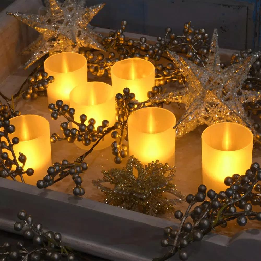 LUMABASE Flameless Votive LED Candles with Amber Frosted Plastic Holders, 6 Count