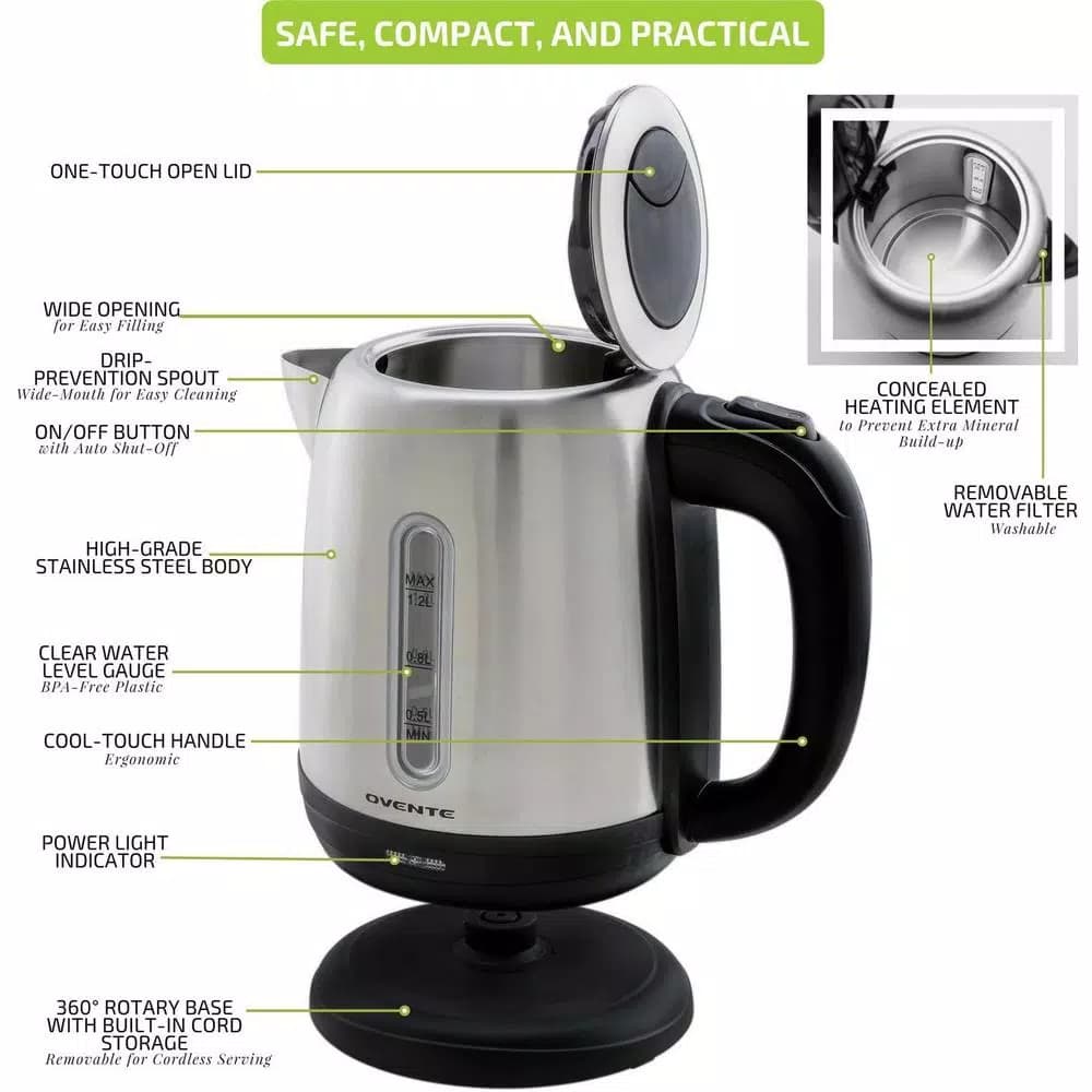 Ovente 1.2L Stainless Steel Electric Kettle, 1100W BPA-Free Rapid Boil Kettle with Auto Shut-Off