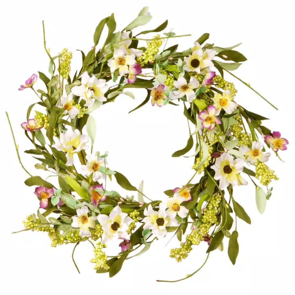 National Tree Company 20 in. Mixed White, Yellow, and Purple Floral Wreath with Berry Clusters