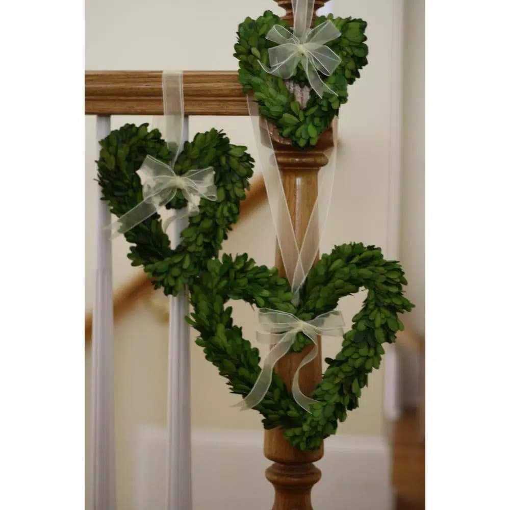 Unbranded Set of 3 Preserved Boxwood Heart Wreaths with Ivory Ribbon