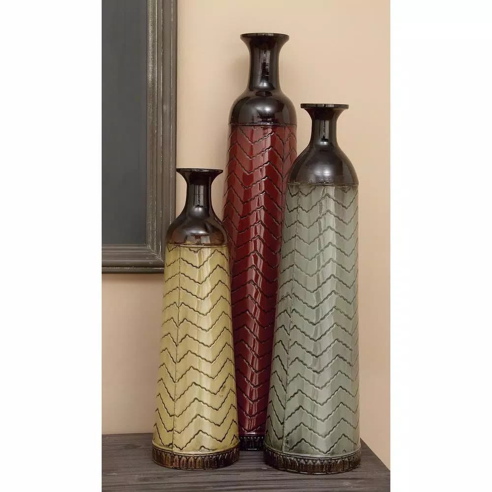 LITTON LANE Chevron Set of 3 Metal Decorative Floor Vases - Rustic Tin in Red, Brown, and Green