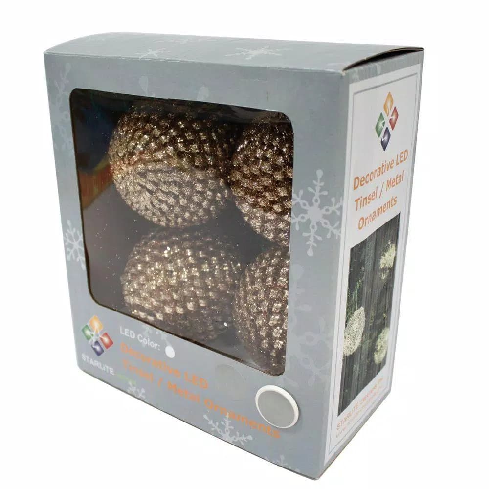 Unbranded Starlite Creations 4-Piece Gold Tinsel LED Christmas Ornament Set, 36 Lights, 4 in.