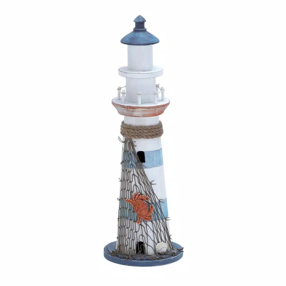 LITTON LANE 16 in. Coastal Living White Wooden Lighthouse Sculpture with Aquamarine Cap