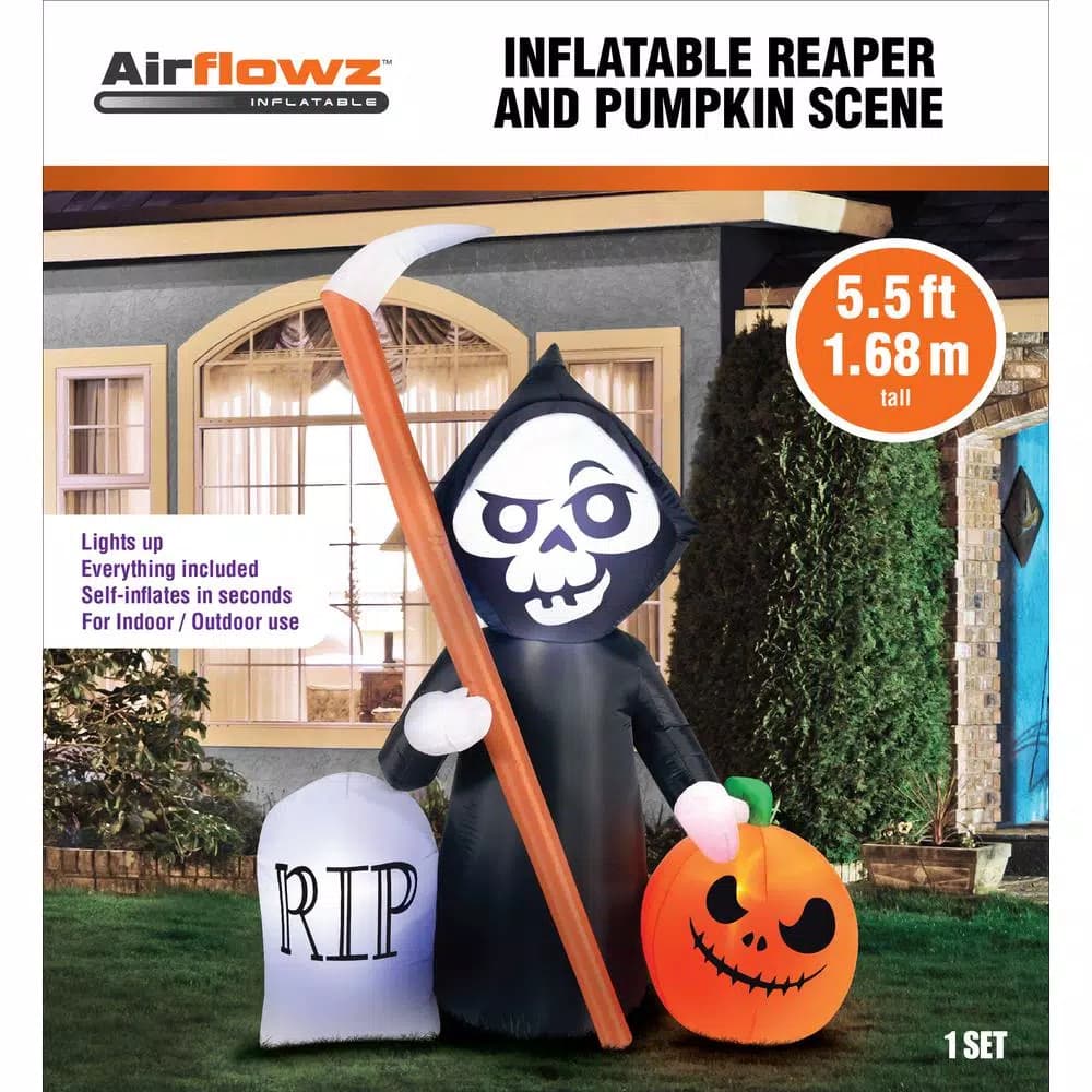 Unbranded 5.5-ft. Inflatable Reaper and Pumpkin Halloween Scene with Tombstone