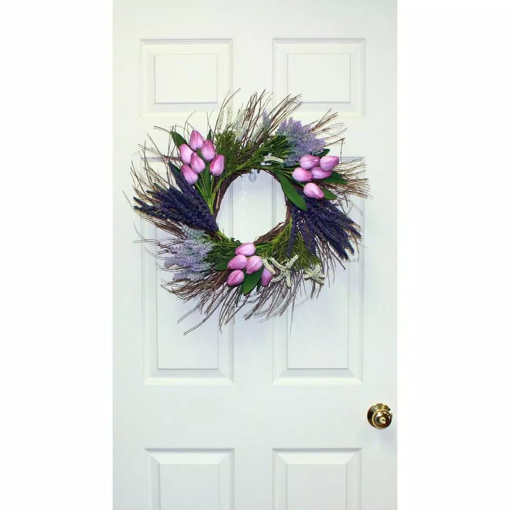 Worth Imports 22 in. Purple Tulip and Lavender Silk Flower Wreath on Natural Twig Base