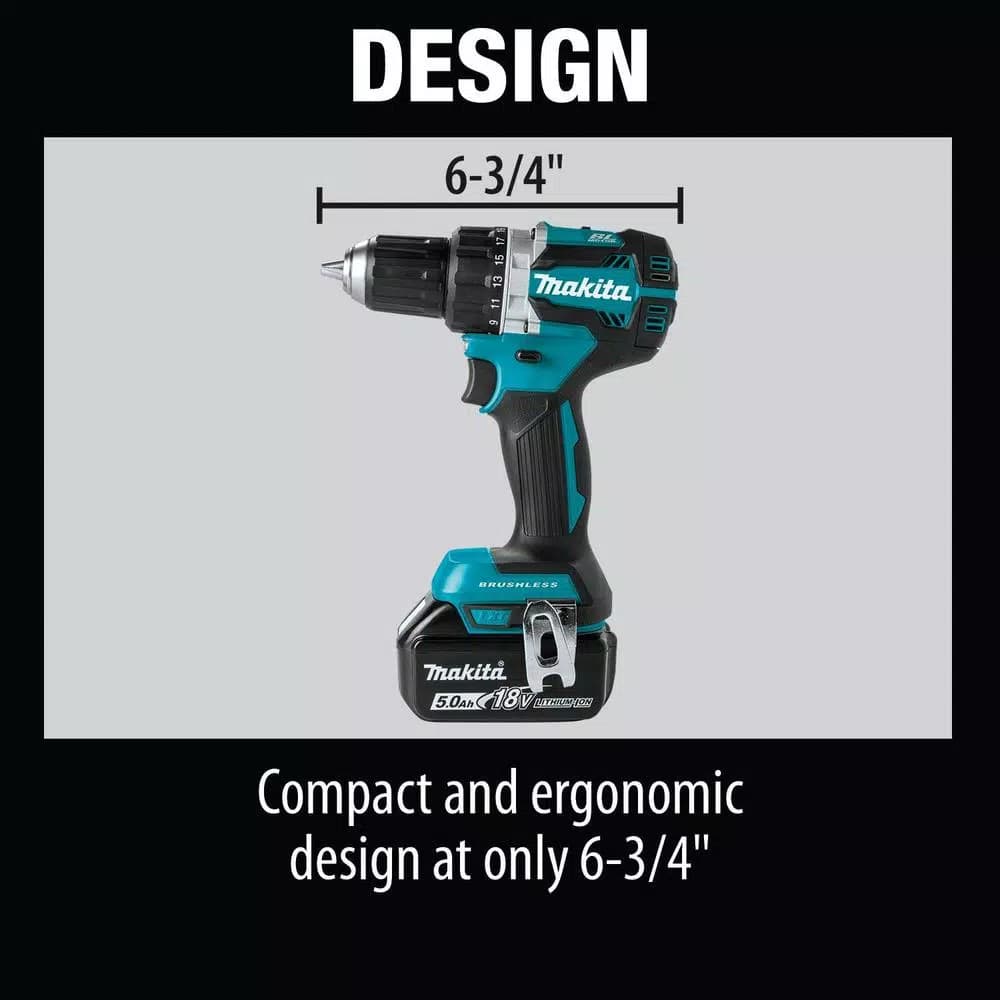 Makita 18V LXT Brushless 1/2 in. Driver-Drill Kit with Two 5.0 Ah Batteries, Charger, and Bag