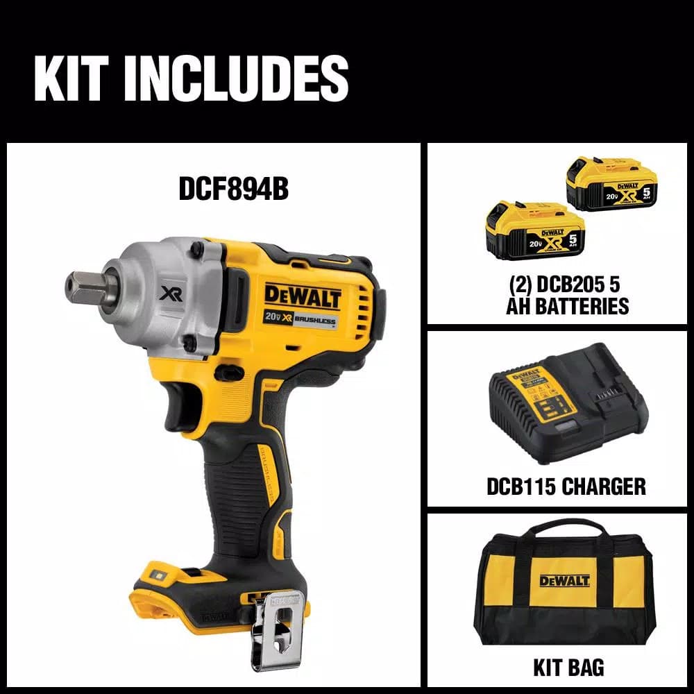 DEWALT 20V MAX XR 1/2 in. Mid-Range Brushless Cordless Impact Wrench Kit with (2) 5.0Ah Batteries