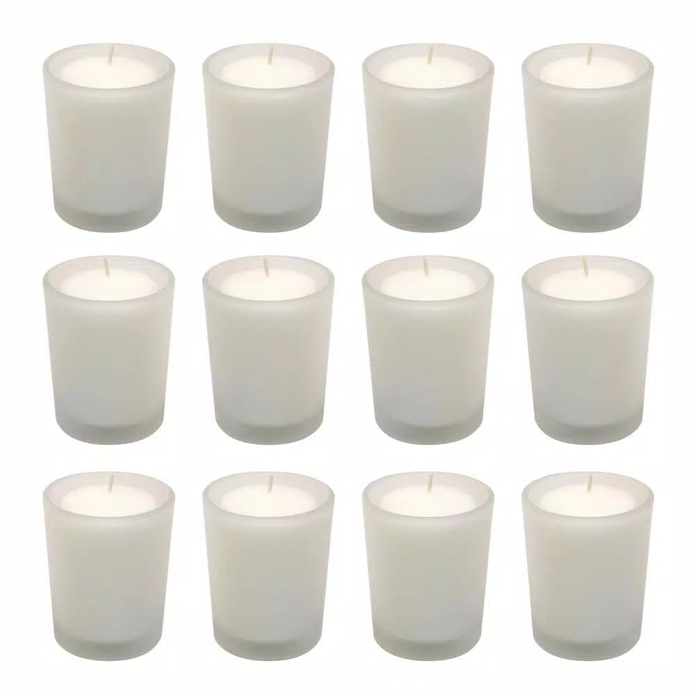 LUMABASE 12-Piece White Votive Candle Set with Frosted Glass Holders, 15-Hour Burn Time, Unscented Paraffin Wax