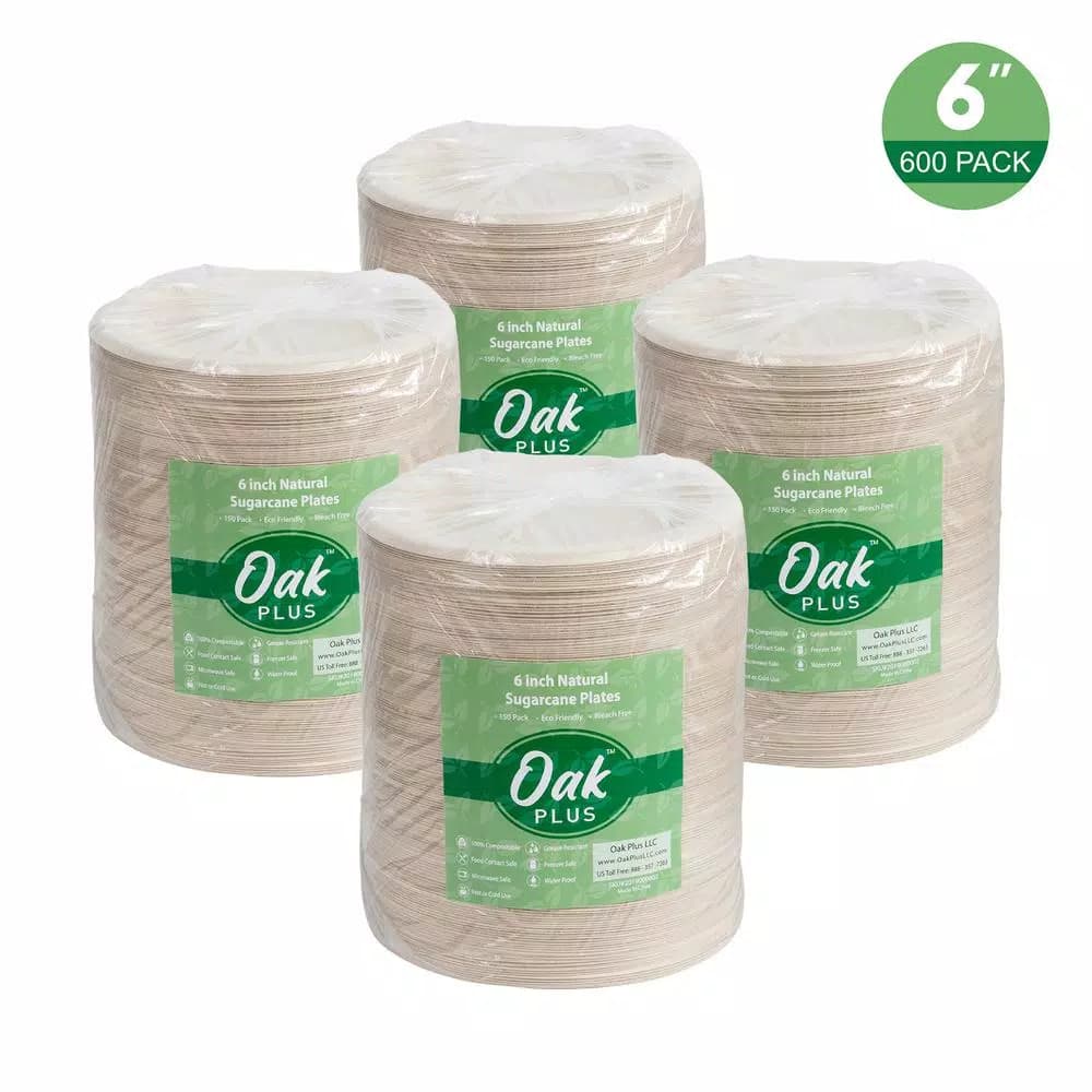 Unbranded 6 in. Natural Sugarcane Plates, Biodegradable & Compostable, 600 Pack