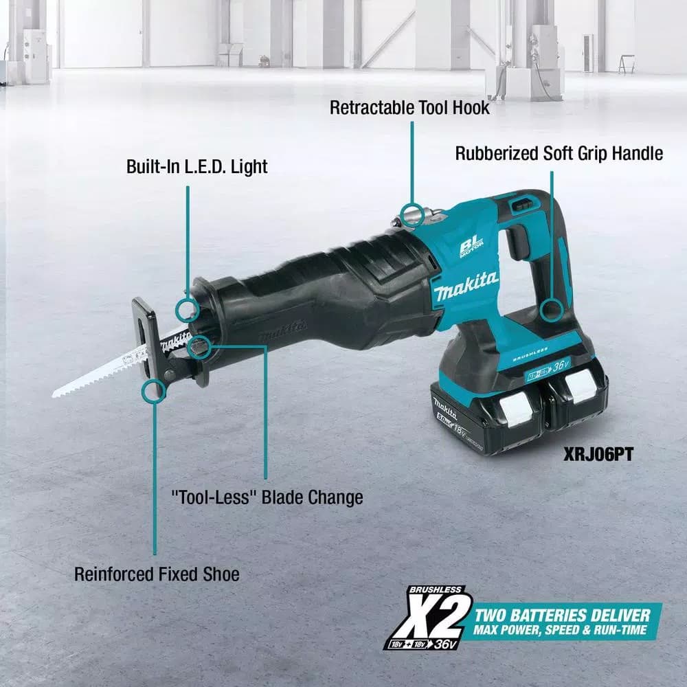 Makita 36V (18V X2) LXT Brushless Cordless Reciprocating Saw Kit with (2) 5.0Ah Batteries and Charger