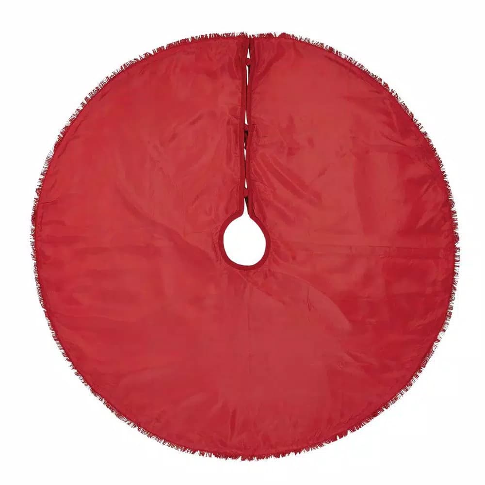 VHC Brands 48 in. Red Festive Burlap Farmhouse Christmas Tree Skirt with Taffeta Reverse