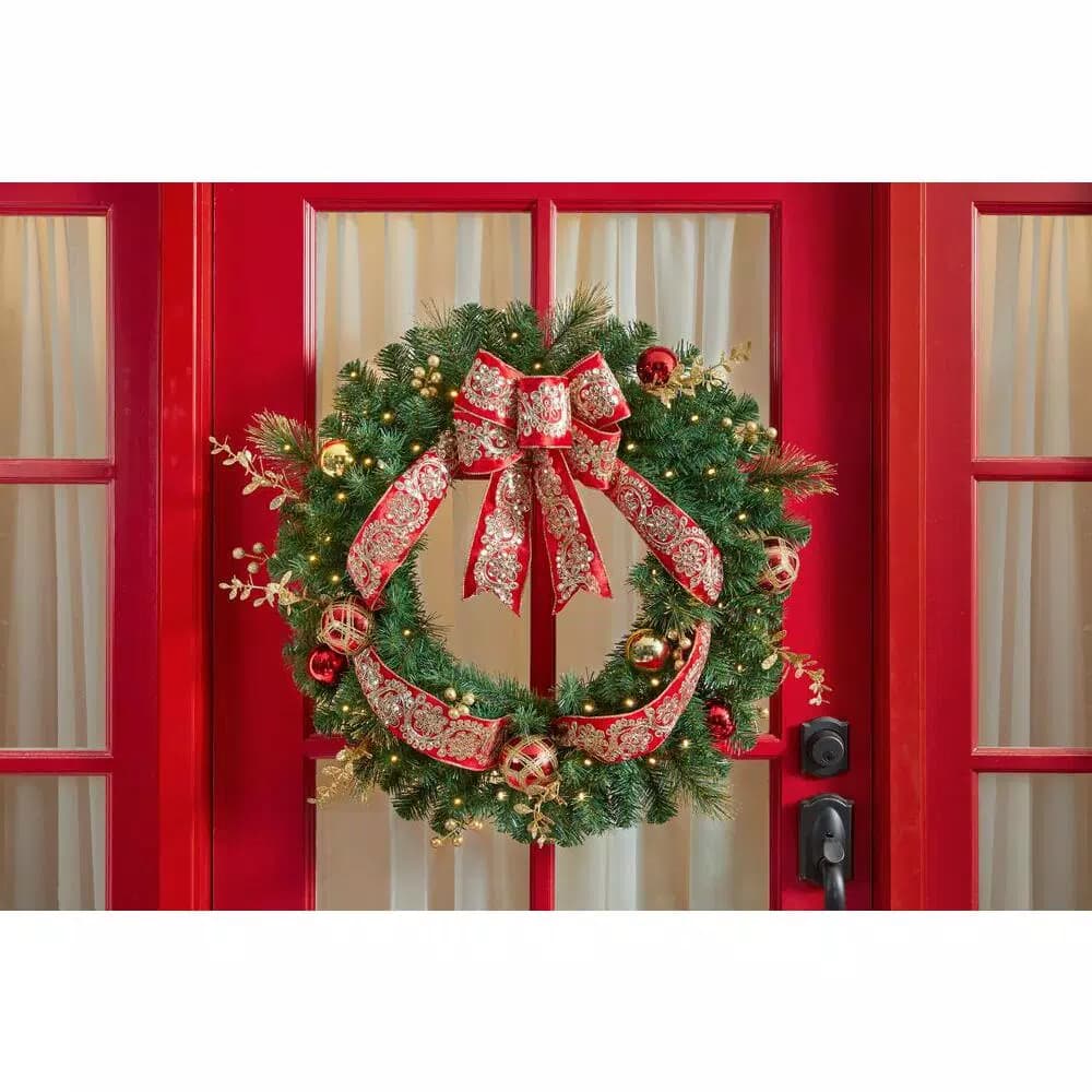 Home Accents Holiday Home Holiday Accents 30 in. Royal Easton Pre-Lit Artificial Pine Wreath with Warm White LED Lights